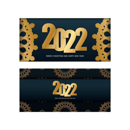 2022 Happy New Year Flyer Template Dark Blue with Vintage Gold Patternのイラスト素材