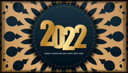 Template Greeting Card 2022 Merry Christmas And Happy New Year Dark Blue With Winter Gold Pattern
