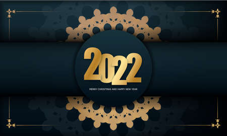 Template Greeting card 2022 Happy New Year Dark blue color with vintage gold pattern