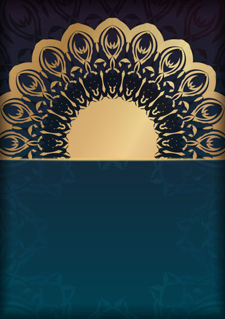 Gradient blue gradient flyer template with abstract gold ornaments ready for printing.のイラスト素材