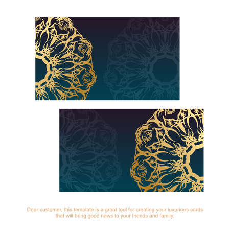 Gradient blue business card template with vintage gold pattern for your brand.のイラスト素材