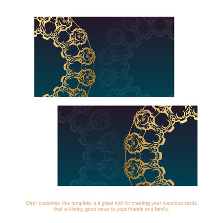Business card template with gradient blue color with mandala gold ornament for your contacts.のイラスト素材