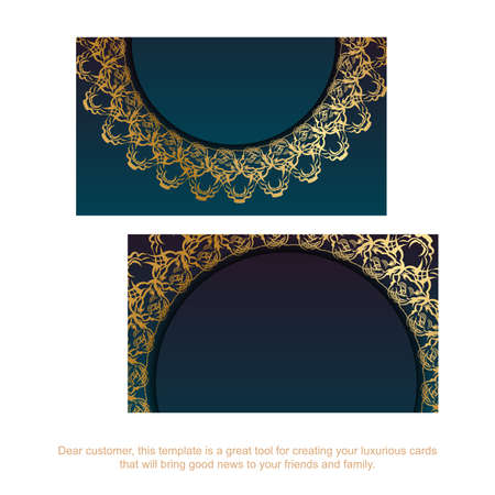 Business card template with blue color gradient with golden mandala pattern for your business.のイラスト素材