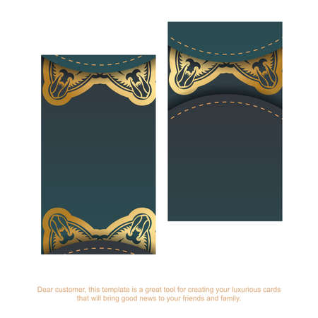 Gradient green business card with vintage gold pattern for your brand.のイラスト素材
