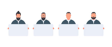 A businessman is standing and holding a blank poster with a place for the text. Man holding blank banner isolated on white background. The guy shows the poster. Vector.のイラスト素材