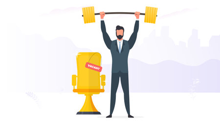 A businessman stands with a mountain of coins and raises the barbell. A man in a suit with a barbell. The concept of a successful business and revenue growth. Vector.のイラスト素材