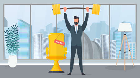 A businessman stands with a mountain of coins and raises the barbell. A man in a suit with a barbell. The concept of a successful business and revenue growth. Vector.のイラスト素材