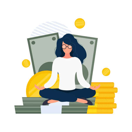 A girl in a lotus position sits on a mountain of gold coins. Dollars, gold coins. The concept of wealth, safety of money and capital. Vector.のイラスト素材