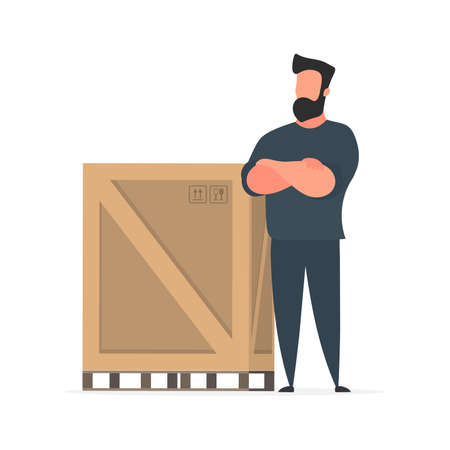 A man stands with a large wooden box. Large pallet. Delivery and transportation concept. Isolated. Vector.のイラスト素材