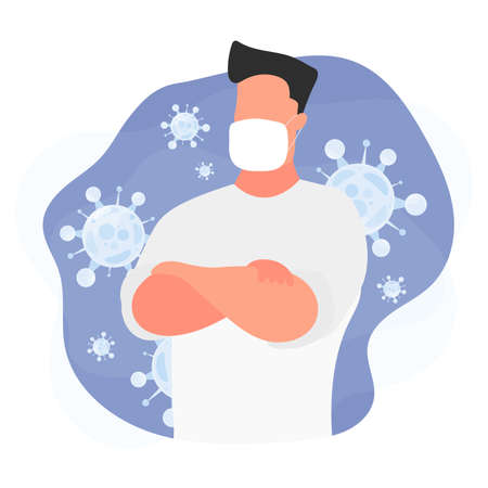 A medic in a white suit is surrounded by a virus. Doctor in a medical mask.のイラスト素材