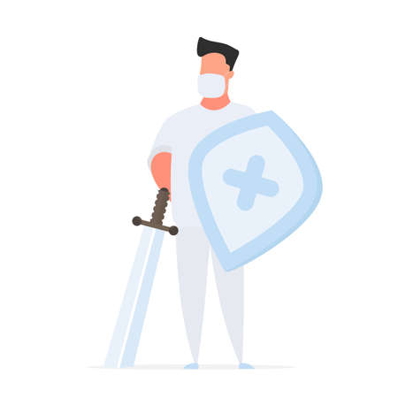A medic in a white suit is surrounded by a virus. Doctor in a medical mask.のイラスト素材