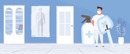 A medic in a white suit with a shield and a sword. Doctor in a medical mask. Medical office. Doctor's office. Cabinet, medicines. Vector.のイラスト素材