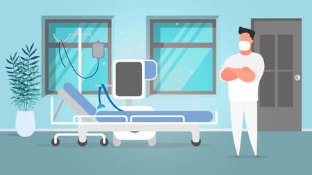 A medic in a white suit. Doctor in a medical mask. Ward, hospital, doctor. Vector.のイラスト素材