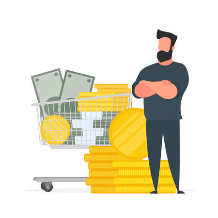 Businessman and a mountain of coins. A man stands near gold coins. Isolated. Vector.のイラスト素材