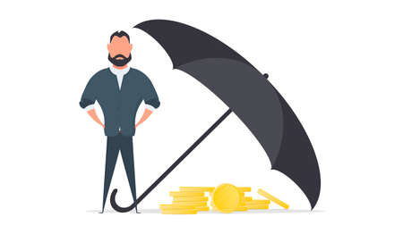 Businessman keeps capital. A large umbrella shelters money from risk and danger. Office Concept of capital saving and investment. Vector.のイラスト素材