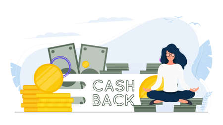 Cashback banner. A girl in a lotus position sits on a mountain of gold coins. Cashback lettering. Golden coins. Composition on the theme of money back and cashback. Vector.のイラスト素材
