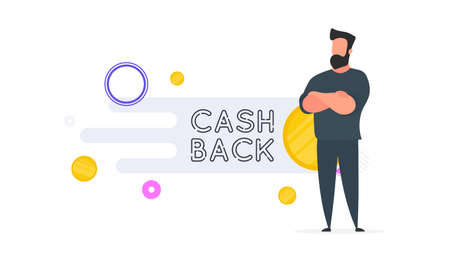 Confident Businessman. Cashback lettering isolated on white background. Golden coins. Composition on the subject of money back. Vector.のイラスト素材