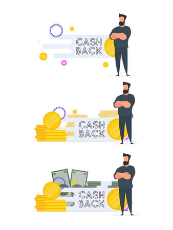 Confident Businessman. Cashback lettering isolated on white background. Golden coins. Composition on the subject of money back. Vector.のイラスト素材