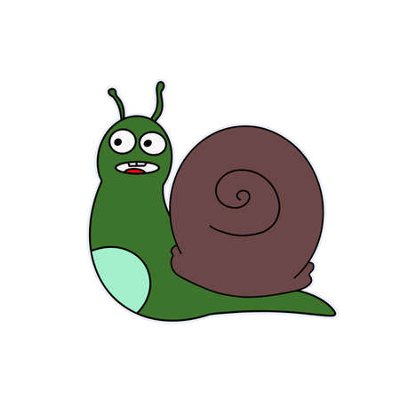Funny green snail sticker. Snail icon. Suitable for postcards, stickers, T-shirts and children's books. Isolated, vector.のイラスト素材