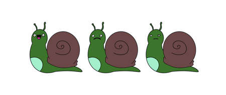 Funny green snail sticker. Snail icon. Suitable for postcards, stickers, T-shirts and children's books. Isolated, vector.のイラスト素材
