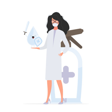 Girl doctor holds a sanitizer in her hands. Medical woman in a white coat. A drop with a sword and shield surrounded by virus molecules. Disinfectant in flat style.のイラスト素材
