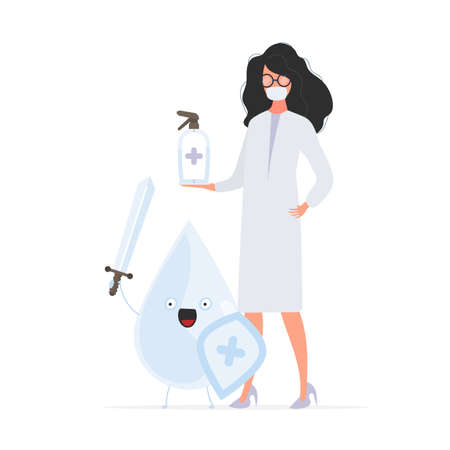 Girl doctor holds a sanitizer in her hands. Medical woman in a white coat. A drop with a sword and shield surrounded by virus molecules. Disinfectant in flat style.のイラスト素材