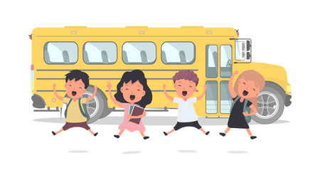 Happy children and a school bus. Children go to school. Yellow bus for school. Isolated.のイラスト素材