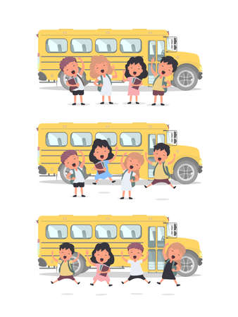 Happy children and a school bus. Children go to school. Yellow bus for school. Isolated.のイラスト素材
