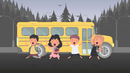 Happy children and a school bus. Children go to school. Yellow bus for school.のイラスト素材