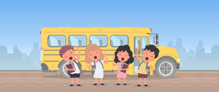 Happy children and a school bus. Children go to school. Yellow bus for school.のイラスト素材