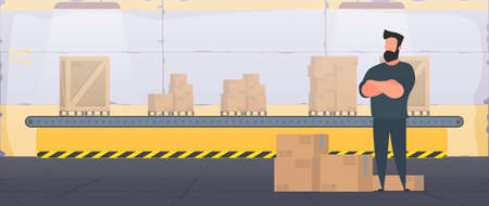 Large industrial warehouse with boxes. A man stands with a large wooden box. Large pallet. Delivery and transportation concept. Vector.のイラスト素材