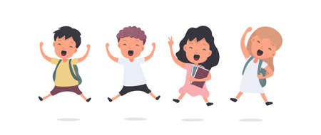 Large Set of Happy Schoolchildren. The teenagers are happy. Suitable for school or vacation design. Isolated. Vector.のイラスト素材