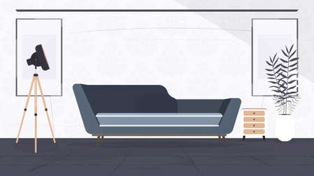 Loft-style room. Bright room. A place to rest. Blue sofa, flower in a pot, wooden cabinet, paintings. Vector.のイラスト素材