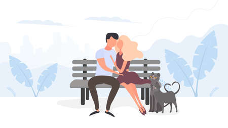 Loving couple cuddling in the park. Loving Boyfriend and girlfriend in a city park. Vector illustration.のイラスト素材
