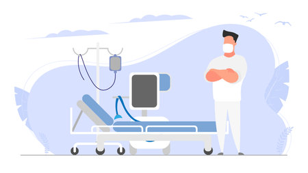 male arab dentist drilling teeth of man patient lying in dentistry chair professional dental office modern clinic interior arabic characters full length flat verticalのイラスト素材