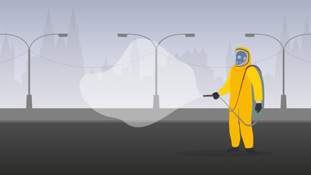 People in protective suits against the virus. The city is under quarantine.のイラスト素材