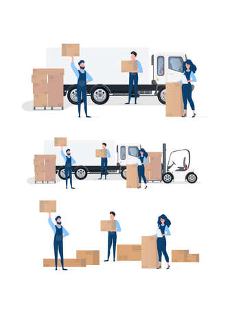 People with boxes. Movers are holding cardboard boxes. The girl with the list in her hands. Design element on the subject of delivery and moving. Isolated. Vector.のイラスト素材