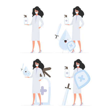 Set for a poster or presentation. Girl doctor holds a sanitizer in her hands. Medical woman in a white coat. Antiseptic. Vector.のイラスト素材