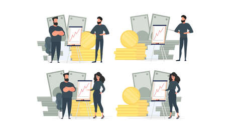 Set for posters and presentations. The girl and the man show the report to the boss. Presentation with positive dynamics. Board for paper. Infographics. Business growth. Isolated. Vector.のイラスト素材