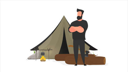 Strong lumberjack. The guy folded his arms over his chest. Large logs and an ax. Isolated. Vector.のイラスト素材