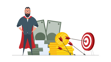 The businessman hits the target. Hit the center of the target with an arrow. Businessman with a mountain of money. Business concept of motivation and achievement. Isolated. Vector.のイラスト素材