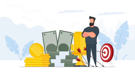The businessman hits the target. Man Hits the center of the target with an arrow. Businessman with a mountain of money. Business concept of motivation and achievement. Vector.のイラスト素材