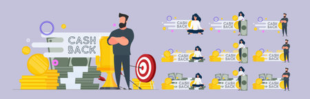 The girl is holding a dollar. A man with a mountain of money. Cashback lettering isolated on white background. Golden coins. Composition on the topic of money back and cashback. Vector.のイラスト素材