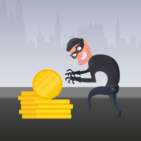 The robber steals money. The criminal steals gold coins. Robbery and finance security concept. Flat style, vector.のイラスト素材