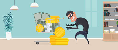 The robber steals money. The criminal steals gold coins. Robbery and finance security concept. Flat style, vector.のイラスト素材