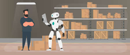 The robot stands with cardboard boxes near the conveyor line. Conveyor system in flat design. Vector.のイラスト素材
