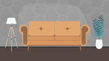 The room is made in dark colors. A lazy stylish sofa, a floor lamp, a houseplant in a white pot. Gray wallpaper with a pattern. Vector.のイラスト素材