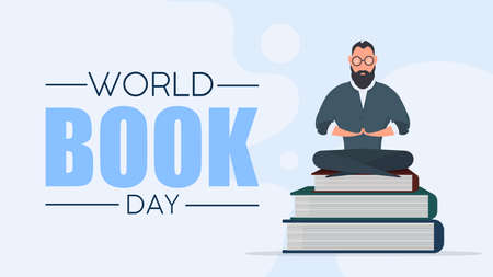 World book day banner. A man stands on a mountain of books. Learning, knowledge and wisdom concept. Vector.のイラスト素材