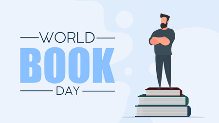World book day banner. A man stands on a mountain of books. Learning, knowledge and wisdom concept. Vector.のイラスト素材