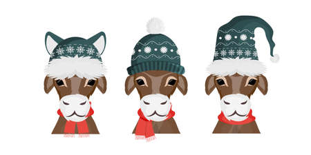 A bull in a warm winter hat. Deer in a green hat with a vintage pattern. Suitable for the design of postcards and books. Vector illustration. Flat style.のイラスト素材